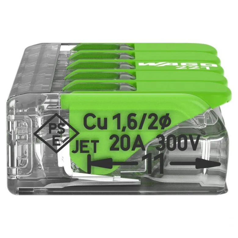 Boîte de 8 bornes WAGO Green 221 3x6mm² à leviers souple & rigide - WAGO | 221-425/995-008