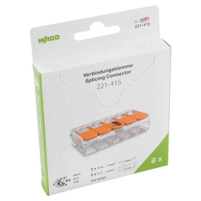 Boîte de 8 bornes WAGO 221 Mini 5x4mm² à leviers souple & rigide - WAGO | 221-415/995-008