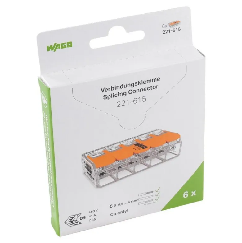 Boîte de 6 bornes WAGO 221 5x6mm² à leviers souple & rigide - Wago | 221-615/995-006