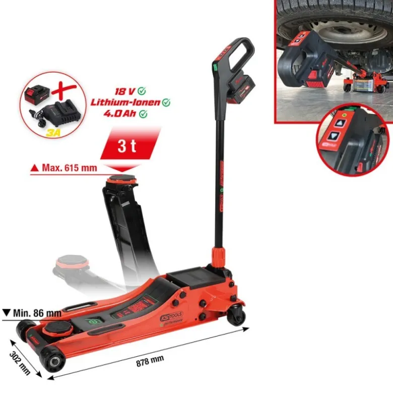 Cric hydraulique à batterie e-Performance, 3 t, hauteur max. 615 mm - KSTools | 160.2010