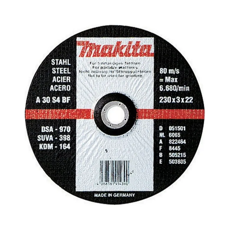 Disques à tronçonner métal pour meuleuse Ø 115mm, Alésage 22,23mm, Epaisseur 2,5mm, Type (A) 30 R Makita | A-85307