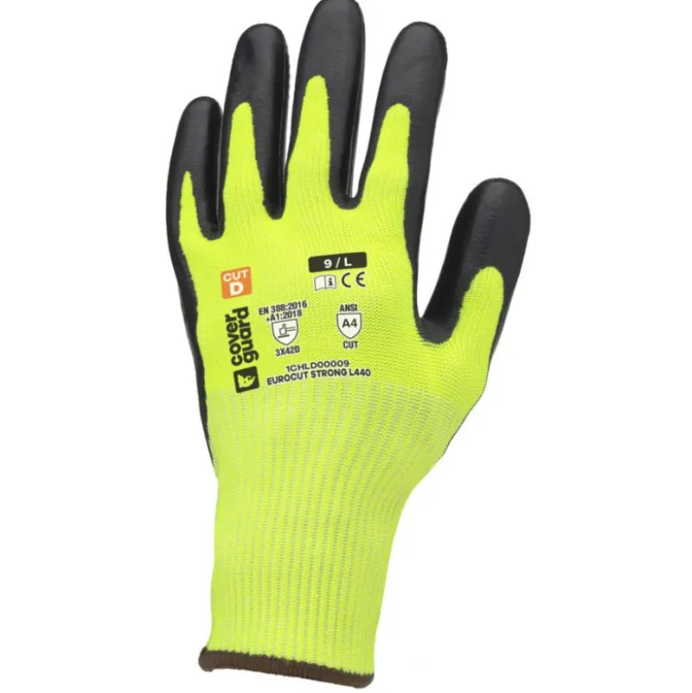 Gants EUROCUT STRONG L440 CUT D. J13 HPPE jaune paume enduite latex noir embosse - COVERGUARD | 1CHLD00