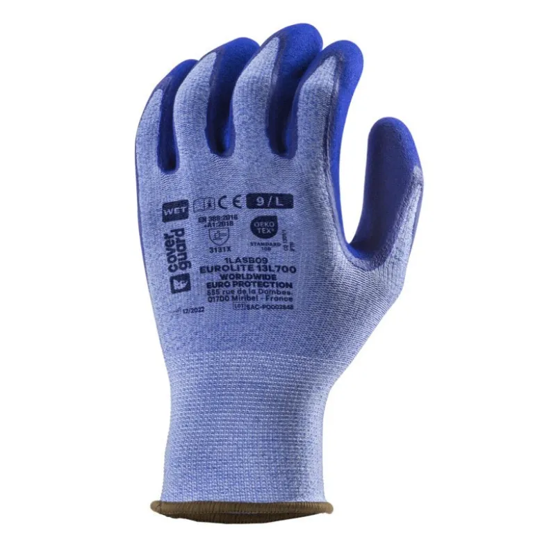 Gants EUROLITE 13L700 polyester bleu, j13, double enduction latex bleu - COVERGUARD | 1LASB