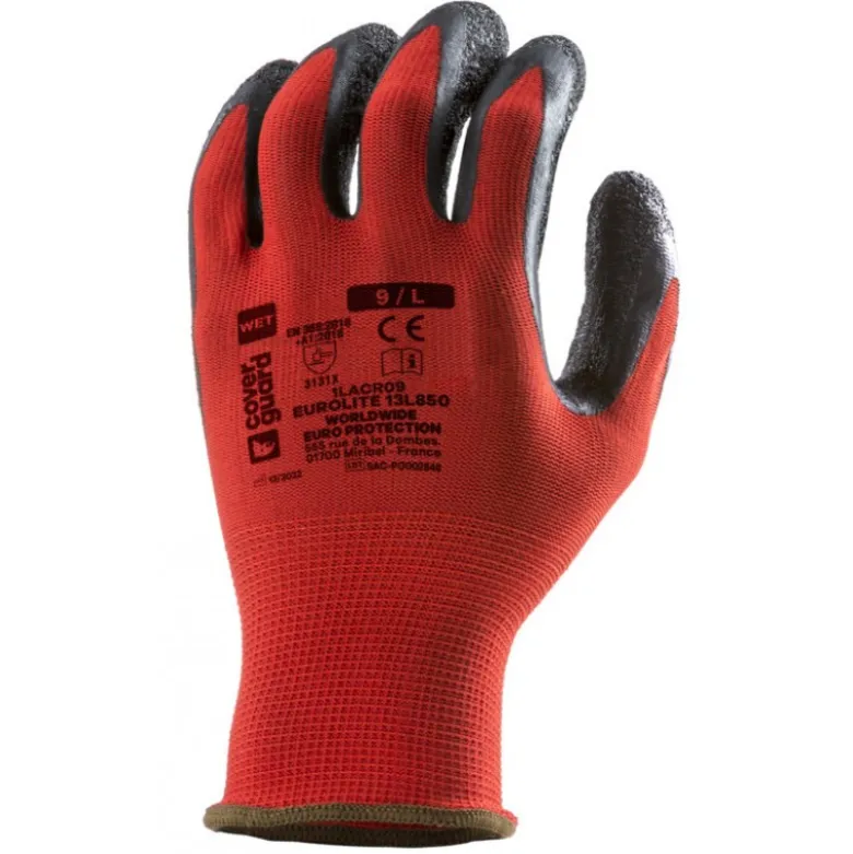 Gants EUROLITE 13L850 polyester rouge J13 paume enduite latex noir - COVERGUARD | 1LACR