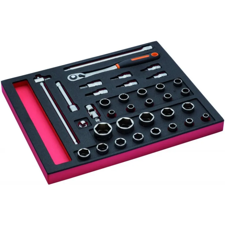 Jeu de douilles 1/2" et cliquet à tête ronde, module mousse 2/3 Fit&Go - 35 pcs - Bahco | FF1F2201