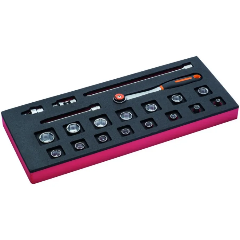 Jeu de douilles 3/8" et cliquet à tête ronde, module mousse 1/3 Fit&Go - 20 pcs - Bahco | FF1E2104