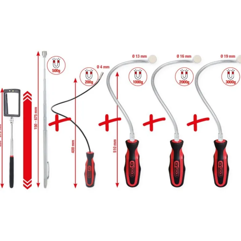 Jeu de miroirs d’inspection et d’aimants flexibles et télescopiques, 6 pcs - KSTools | 550.1090