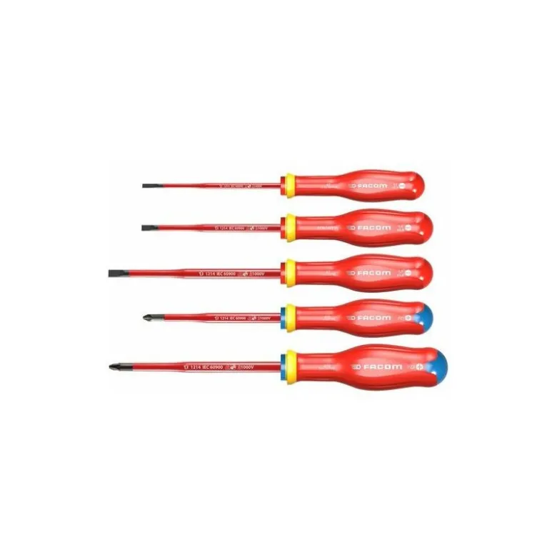 Jeu de 5 tournevis isolés slim 1000 volts pour vis à fente et Pozidriv - FACOM FRANCE | ATD.J5TVEPB