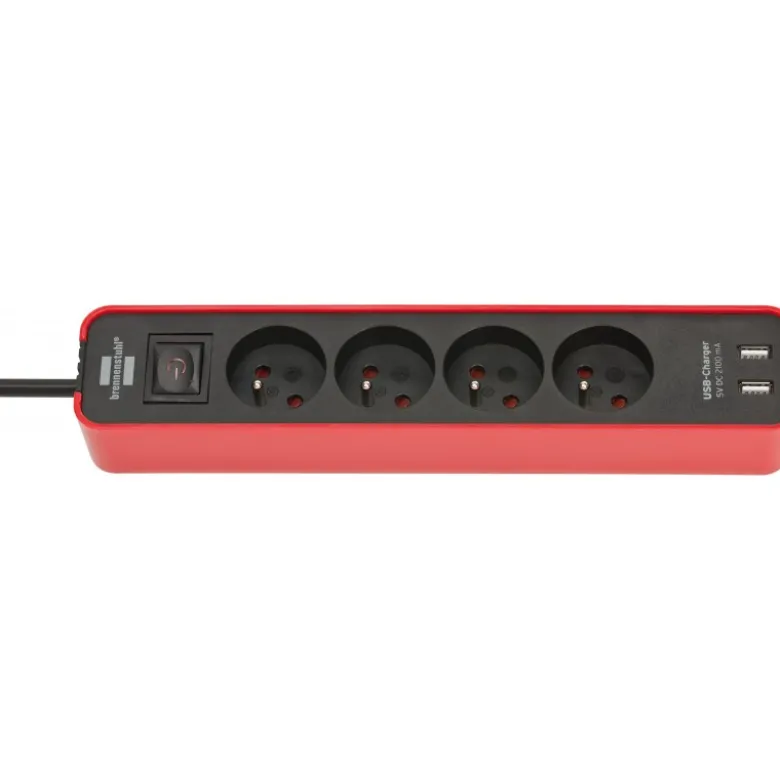 Multiprise Ecolor 4 prises avec interrupteur et 2 ports USB, rouge/noire, 1,5m H - Brennenstuhl | 1153241076