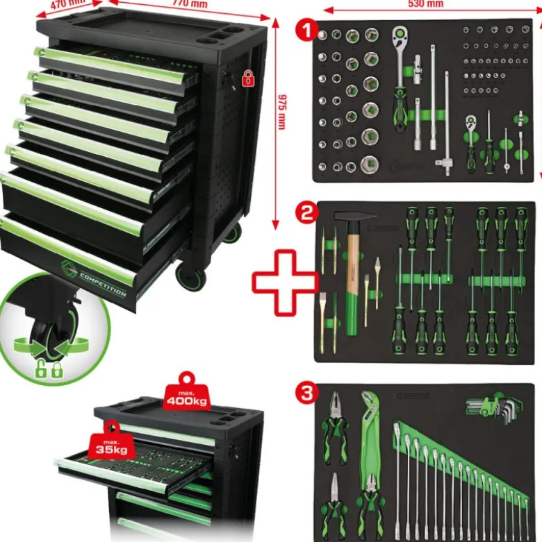 Servante d'atelier COMPETITION avec 7 tiroirs et 119 outils premium - KSTools | 512.3119