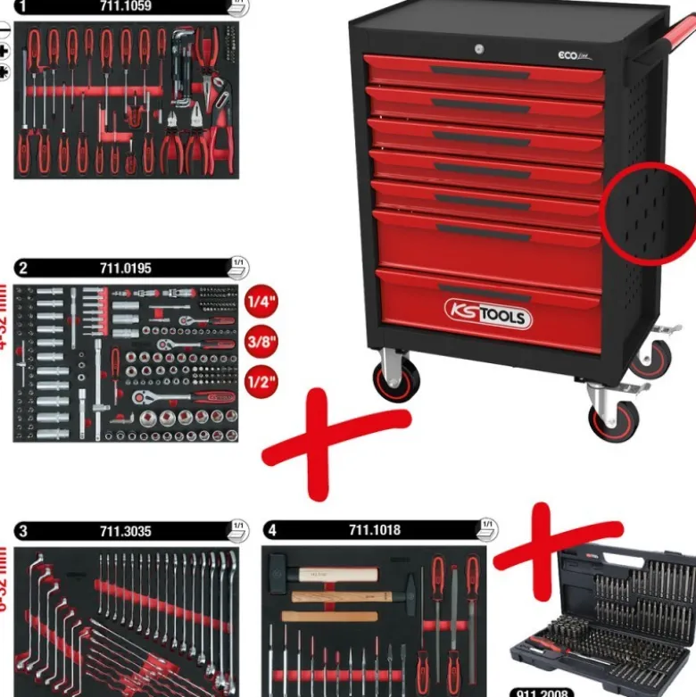 Servante d'atelier ECOline NOIR/ROUGE 7 tiroirs équipée de 515 outils - KSTools | 897.7515