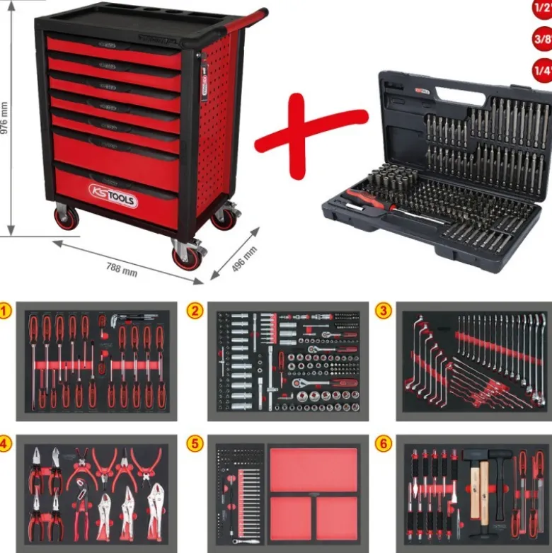 Servante d'atelier RACINGline NOIR/ROUGE 7 tiroirs equipée de 598 outils - KSTools | 826.7598