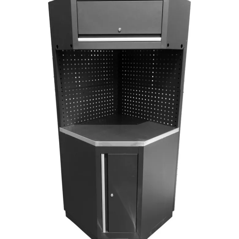 Système d’armoire d’atelier avec module d’angle et plan de travail en acier inoxydable - KSTools | 866.6010