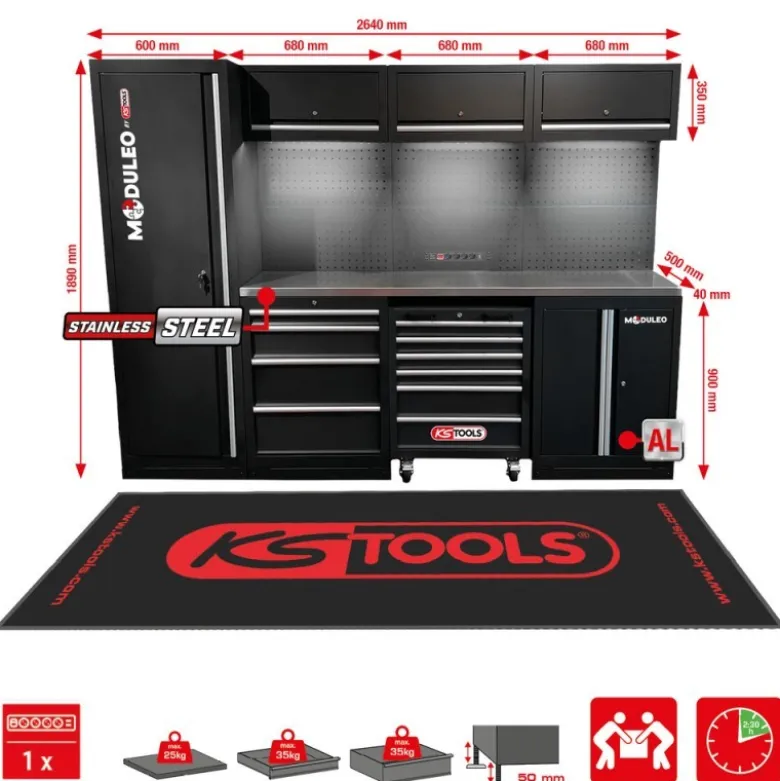 Système d’armoires d’atelier , plateau en acier inoxydable - KSTools | 866.6000
